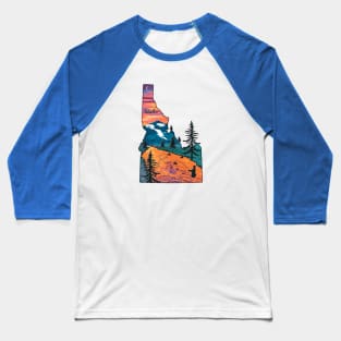 Fly Fishing Idaho State Map Mountain Sunset River Retro Baseball T-Shirt